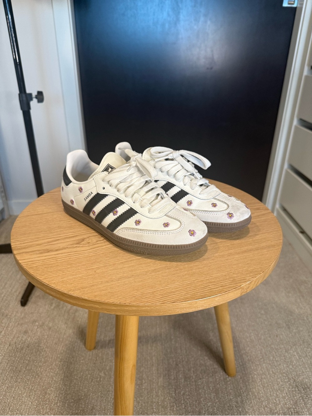 Adidas White Samba Sneakers with Black Stripes and Pink Floral Accents